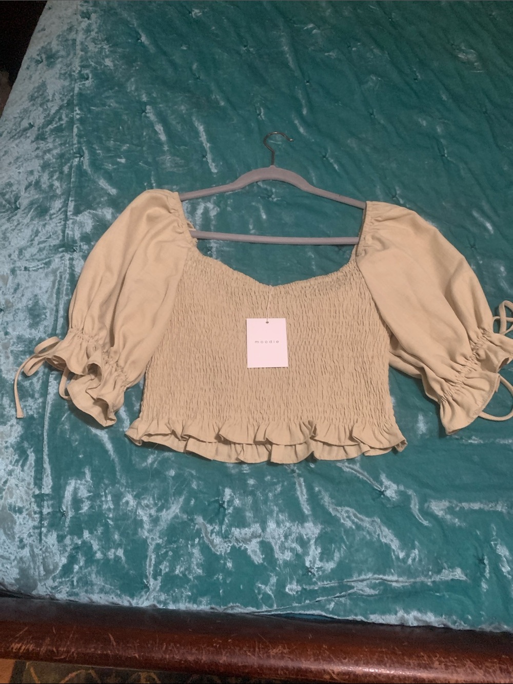 moodie Light Sage Smocked Crop Top with Puff Tie Sleeves